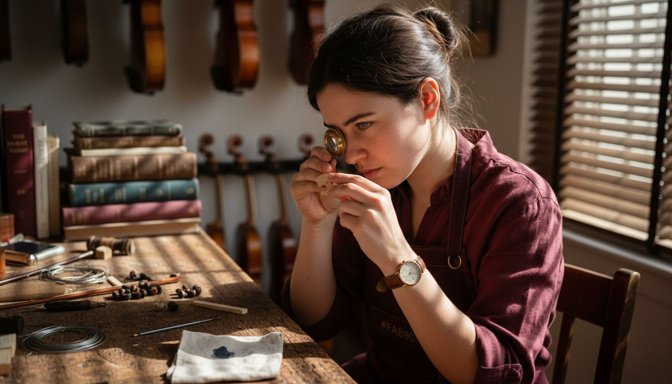 Luthier inspecting violin bridge at table