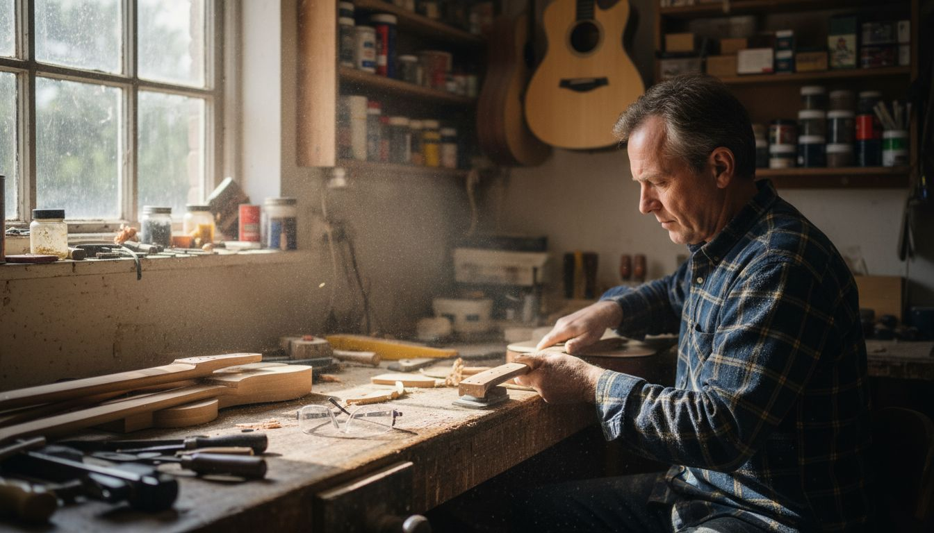 Craftsman sanding guitar neck at workbench