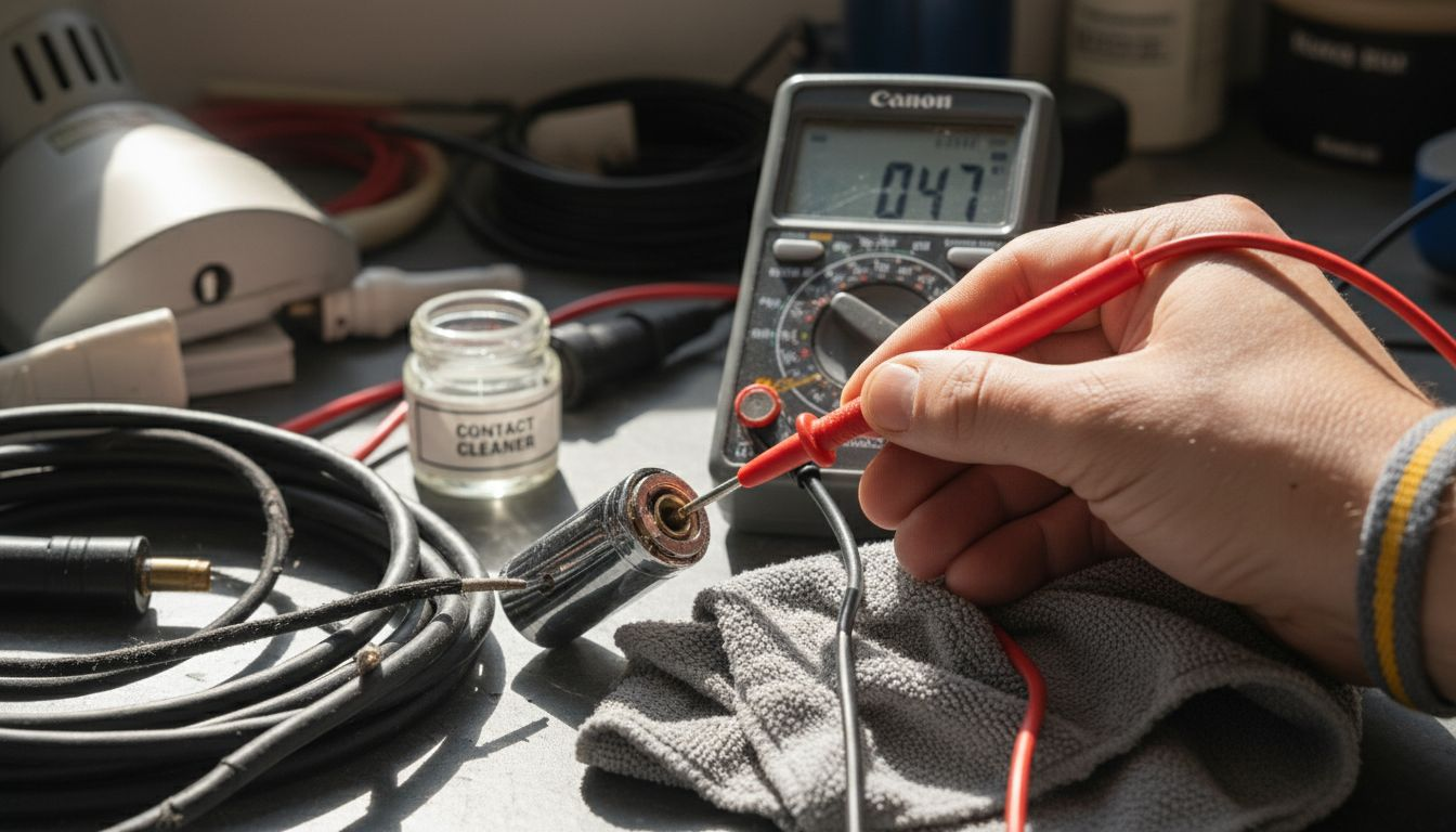Multimeter testing guitar output jack close-up