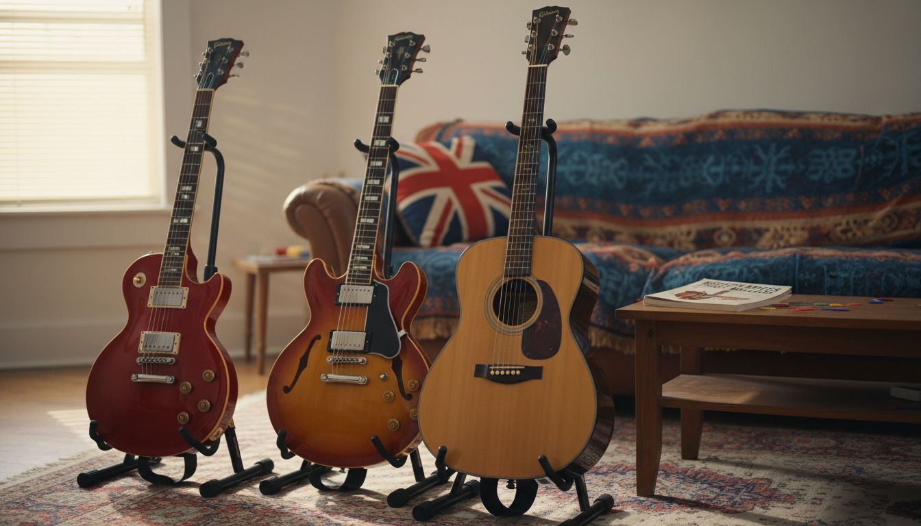 Three guitars display different body types
