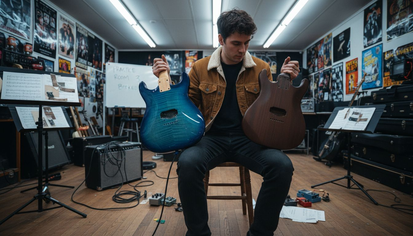 Musician comparing guitar finish options