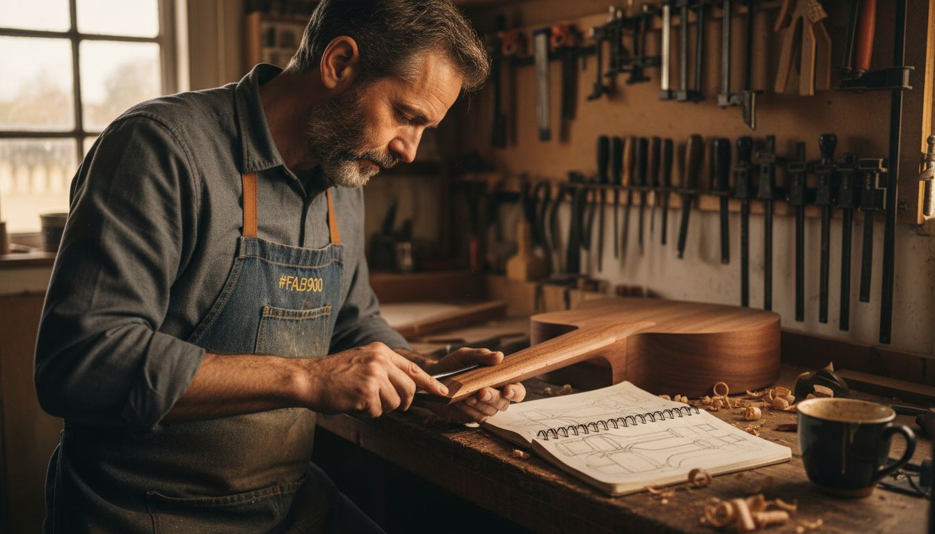 Luthier carving neck of acoustic guitar