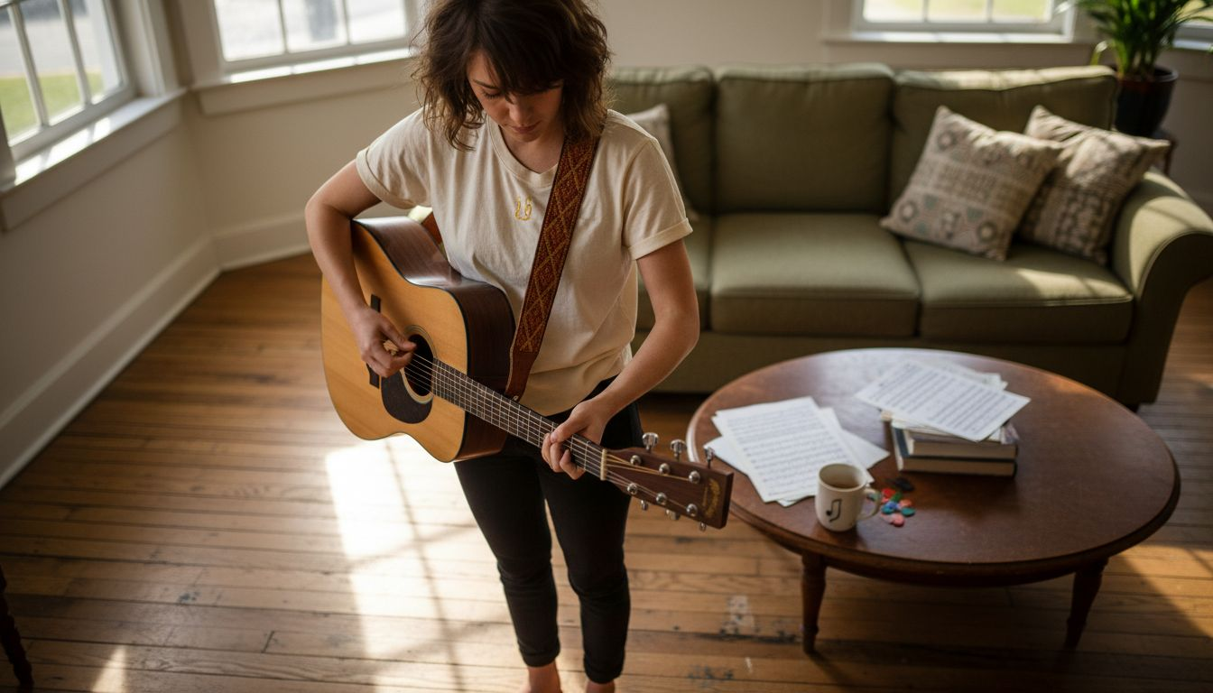 Woman adjusting guitar strap length at home