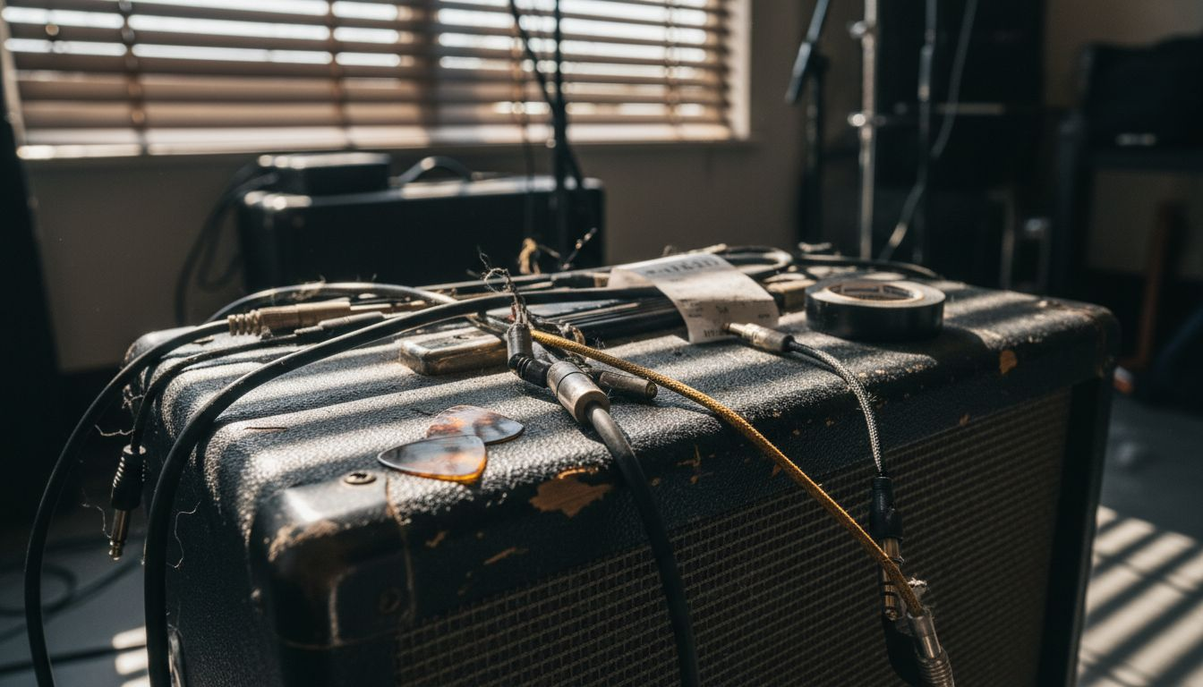 Close-up of diverse patch cables on amp