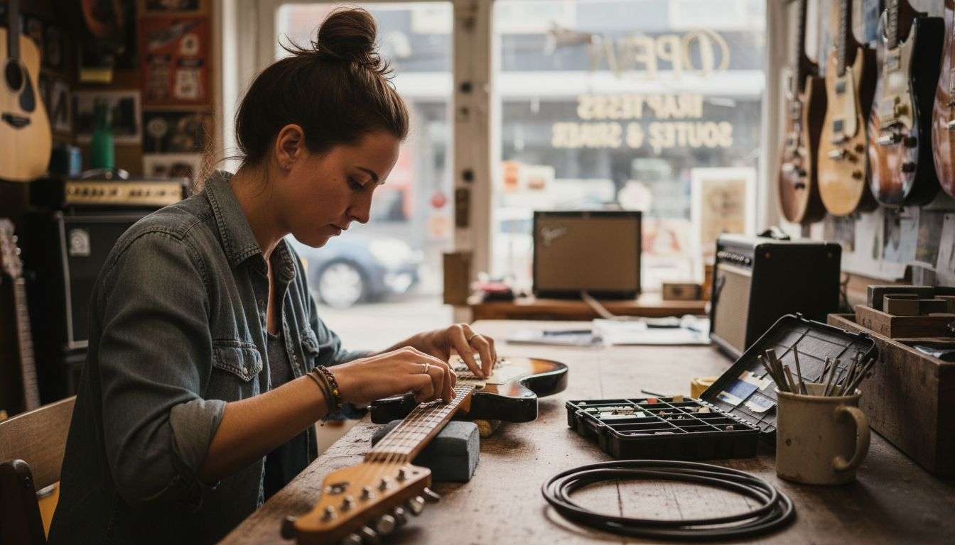 Guitar tech adjusting neck at workbench