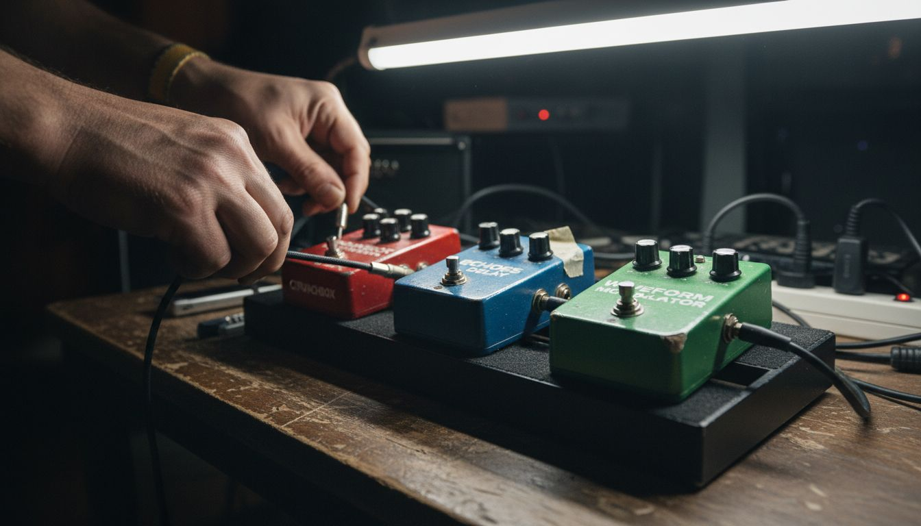 Three types of guitar effects pedals closeup