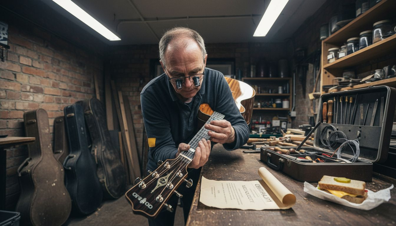 Examining guitar for authenticity at workbench