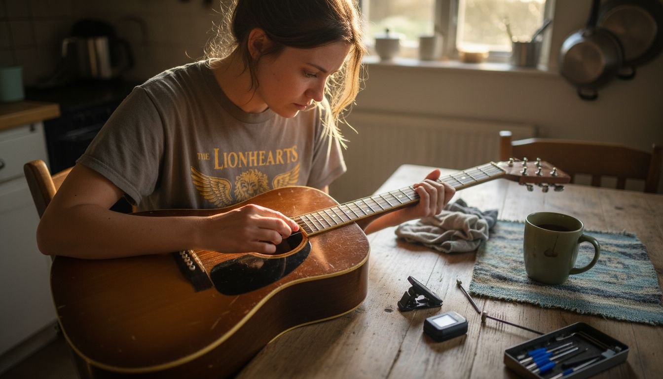 Woman inspecting guitar body for damage
