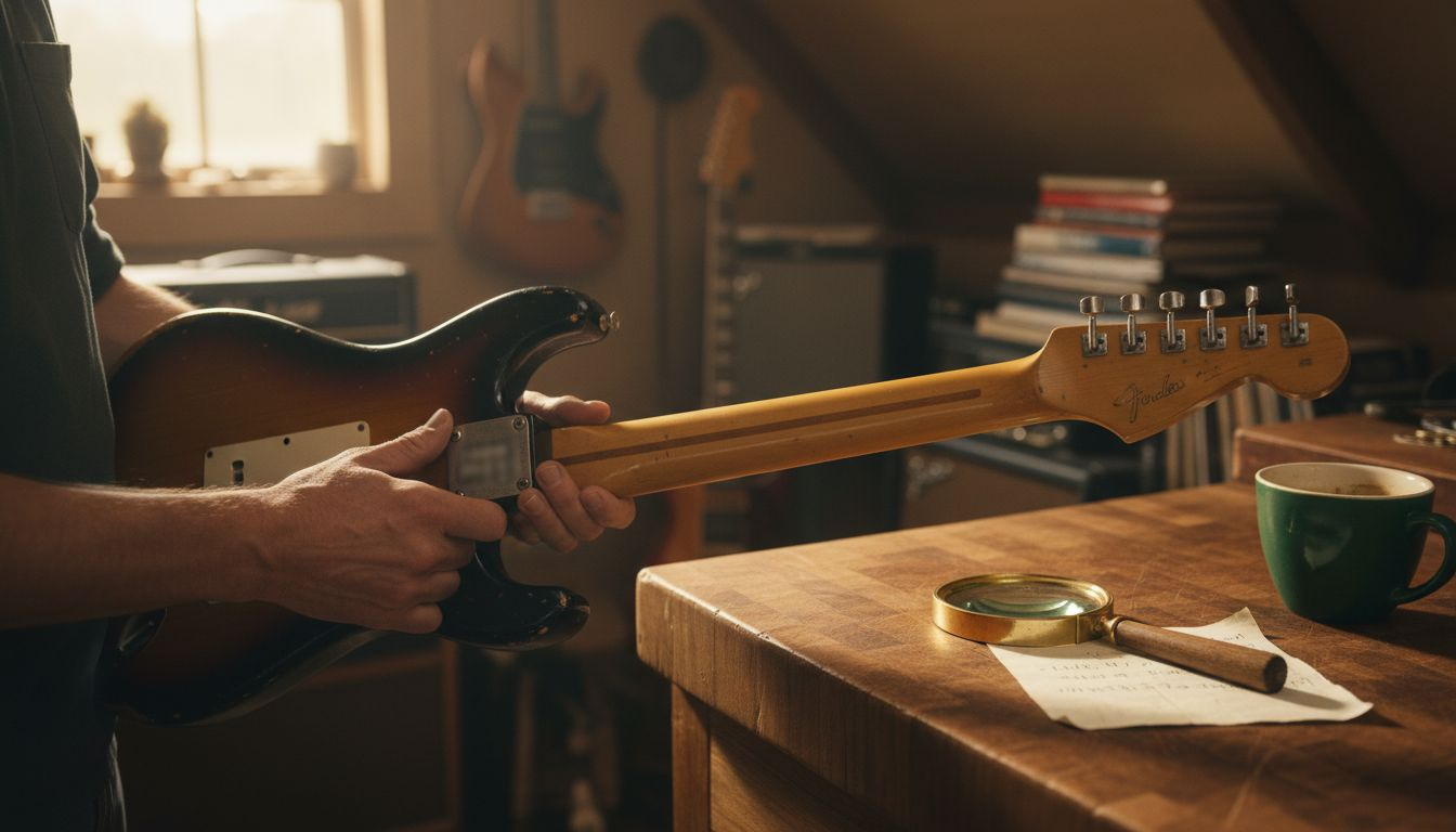 Close-up of vintage guitar inspection process