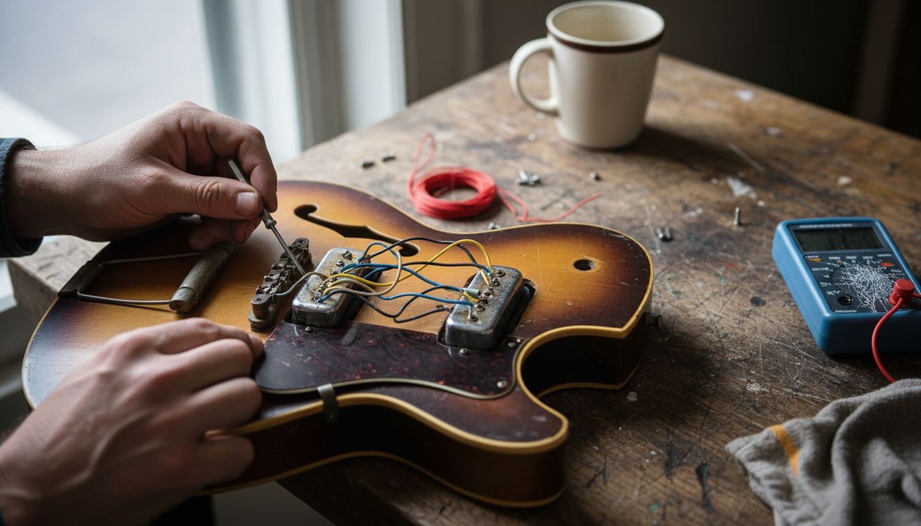 Hands working on guitar pickup wiring
