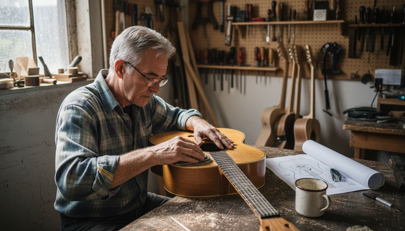 Luthier builds vintage acoustic guitar at workbench