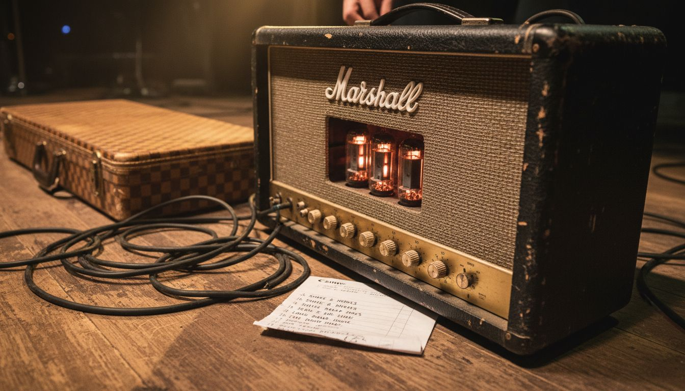Close-up of vintage tube amplifier on stage