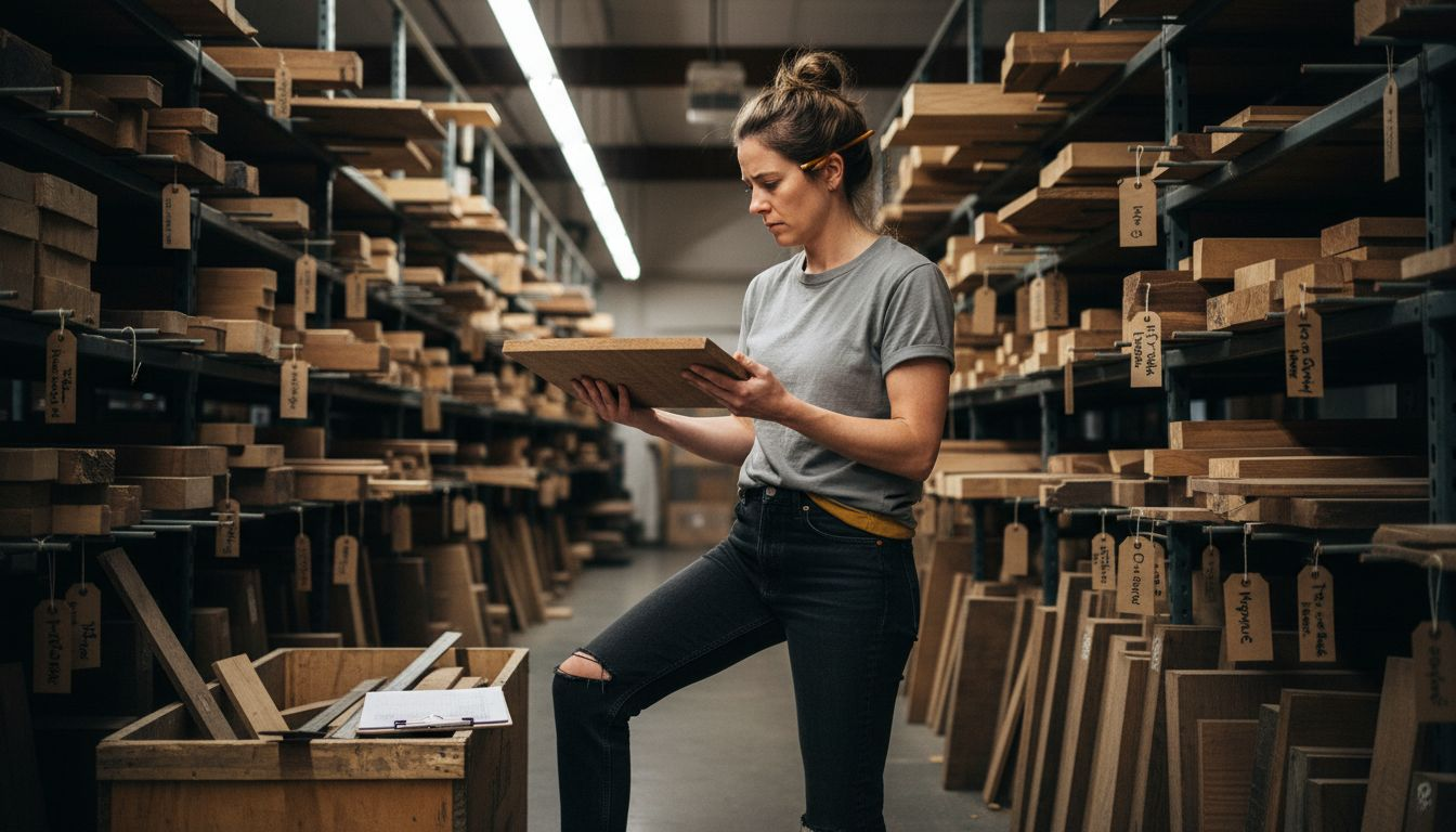 Guitarist choosing tonewoods in supplier stockroom