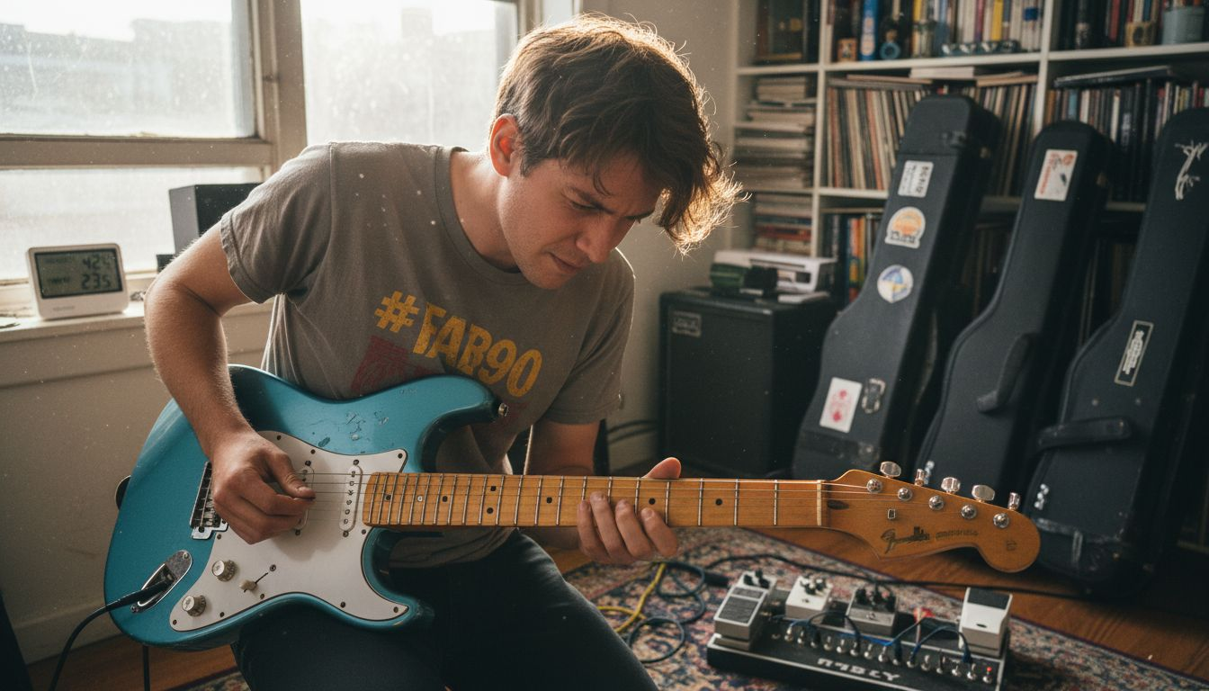 Guitarist checks guitar near sunny living room window