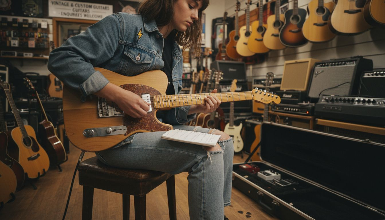 Guitarist playing custom guitar in music store