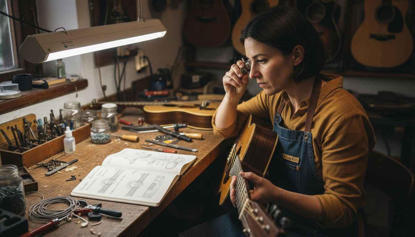 Woman inspecting rare acoustic guitar in workshop