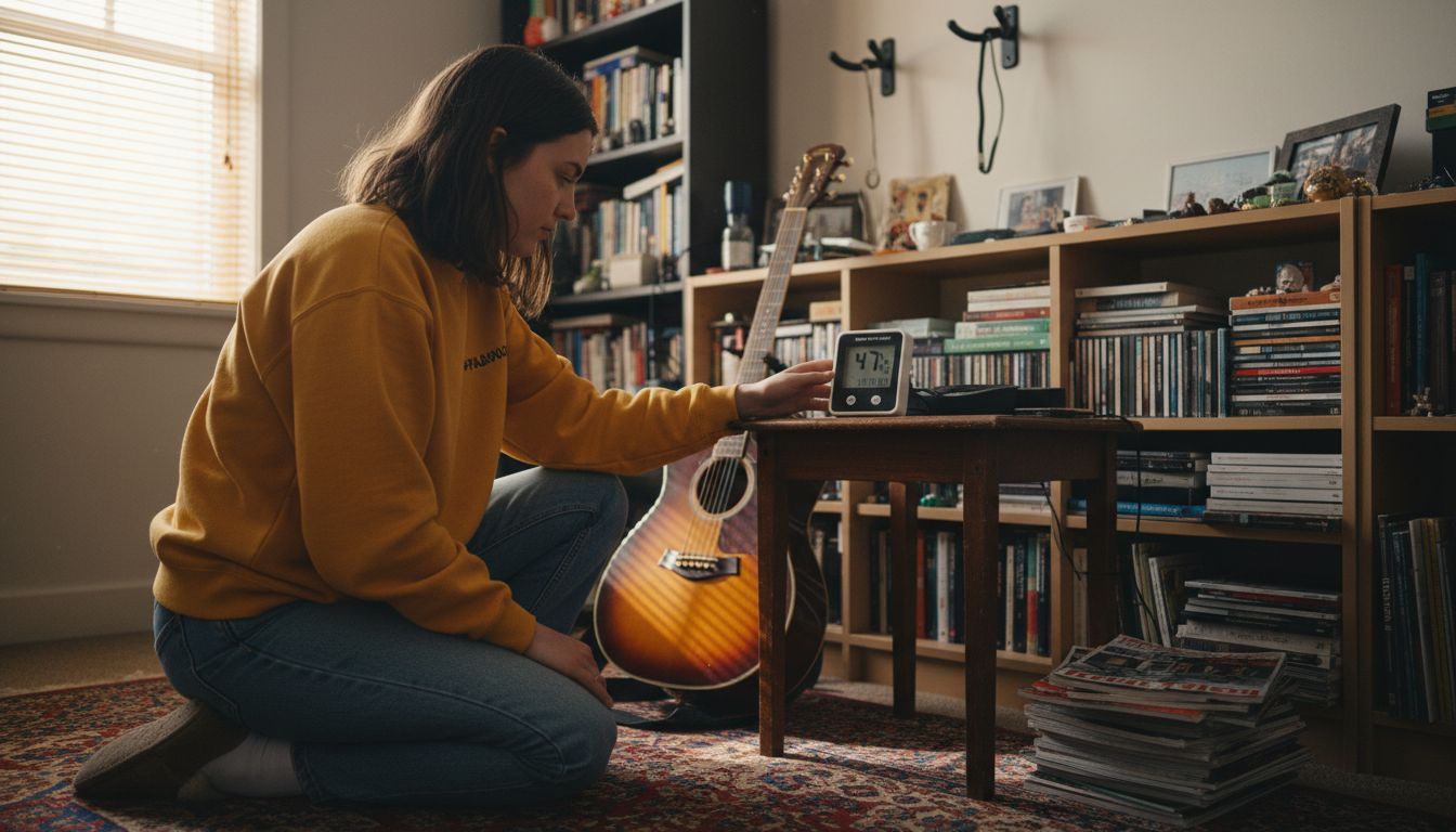 Woman checks guitar humidity level