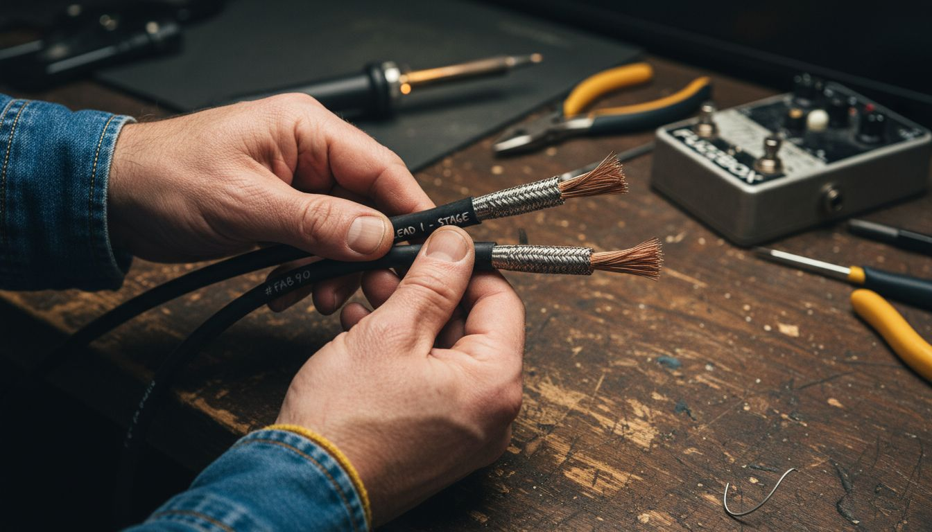 Hands comparing different guitar cable features