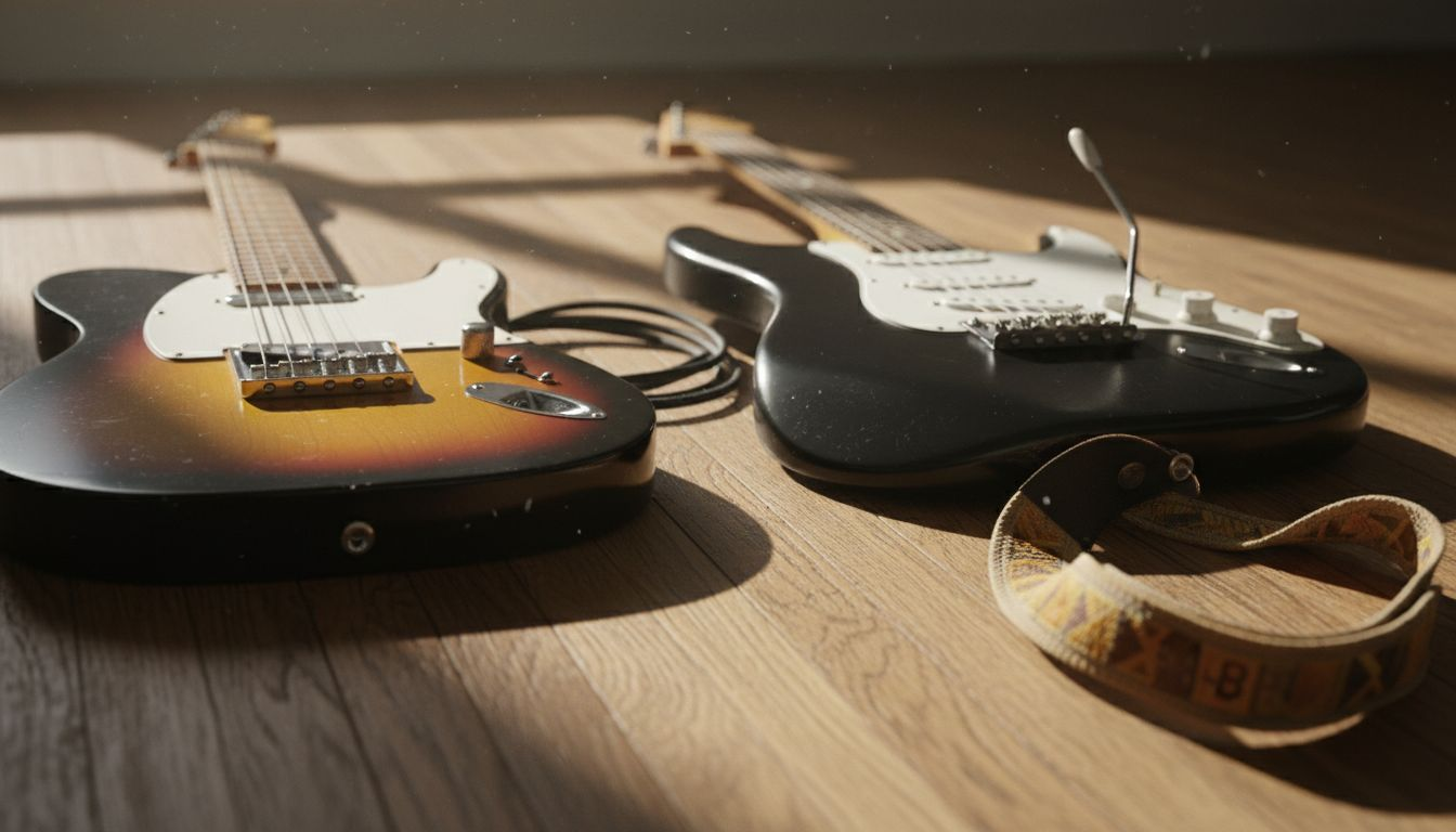 Closeup of two guitar bridge types side by side