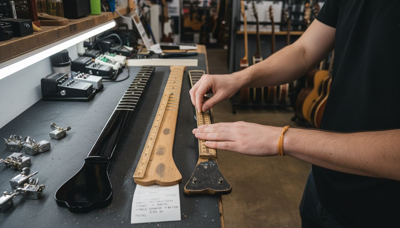 Shop worker comparing guitar neck radii