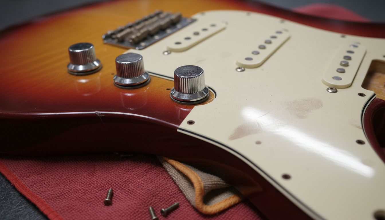 Closeup of guitar pots and wiring detail