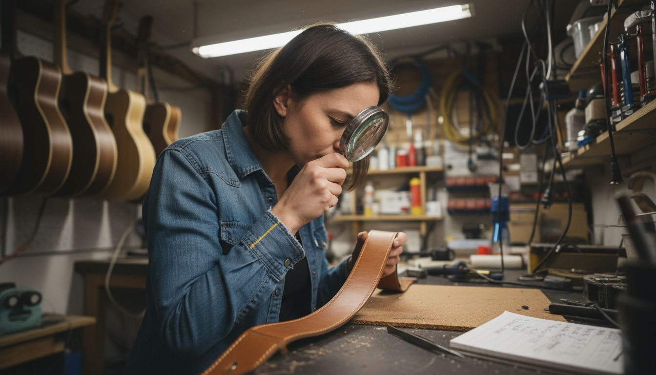 Musician inspecting luxury strap craftsmanship