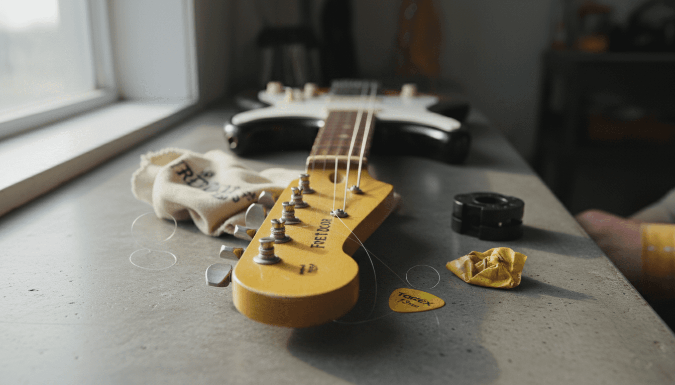 Angled grooves on guitar nut close-up