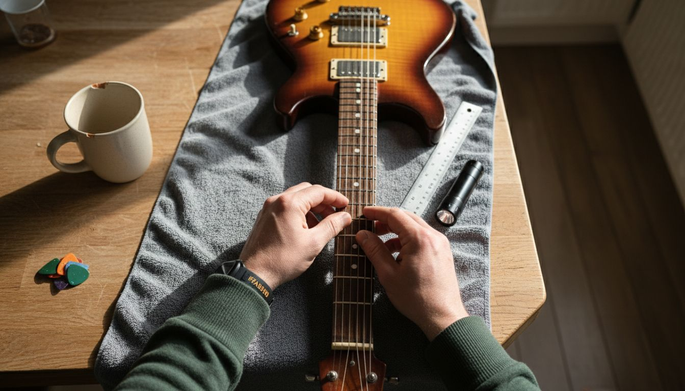 Closeup of guitar neck inspection process
