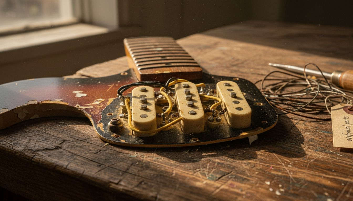 Close-up of vintage Stratocaster original pickups