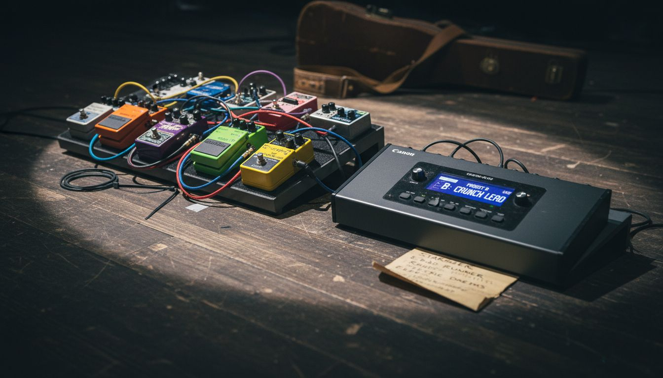 Single multi effects unit next to many pedals