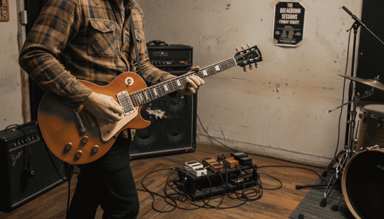 Guitarist playing Les Paul in rehearsal room