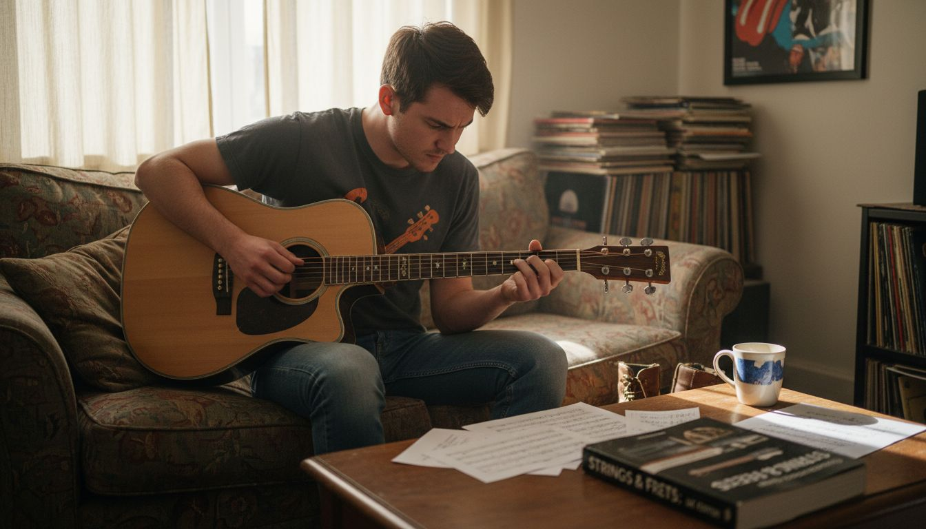 Guitarist fingerpicking custom acoustic at home