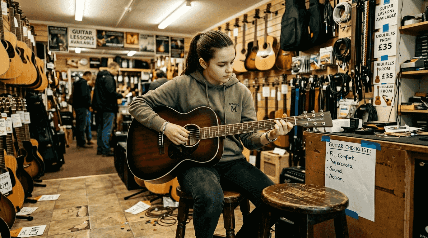 Student evaluating guitar in music shop