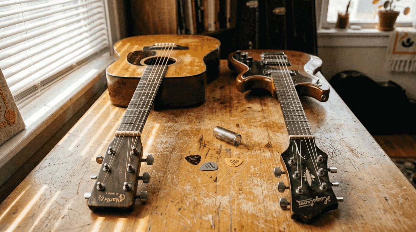 Two guitars with nut and zero fret comparison