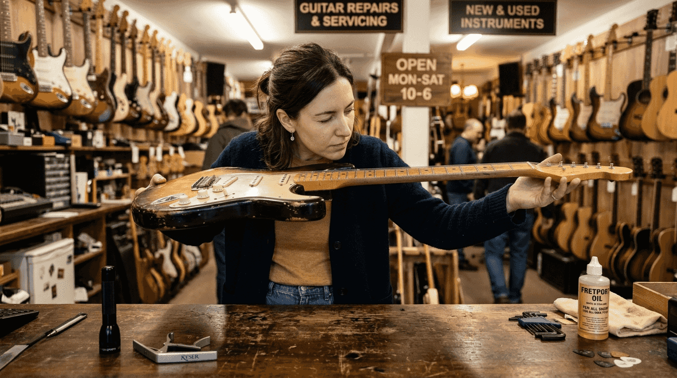 Woman inspecting guitar neck for straightness in shop