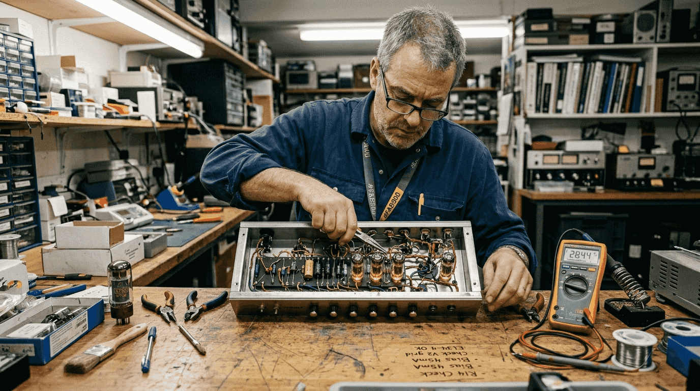 Technician adjusting internal vacuum tube amplifier wiring