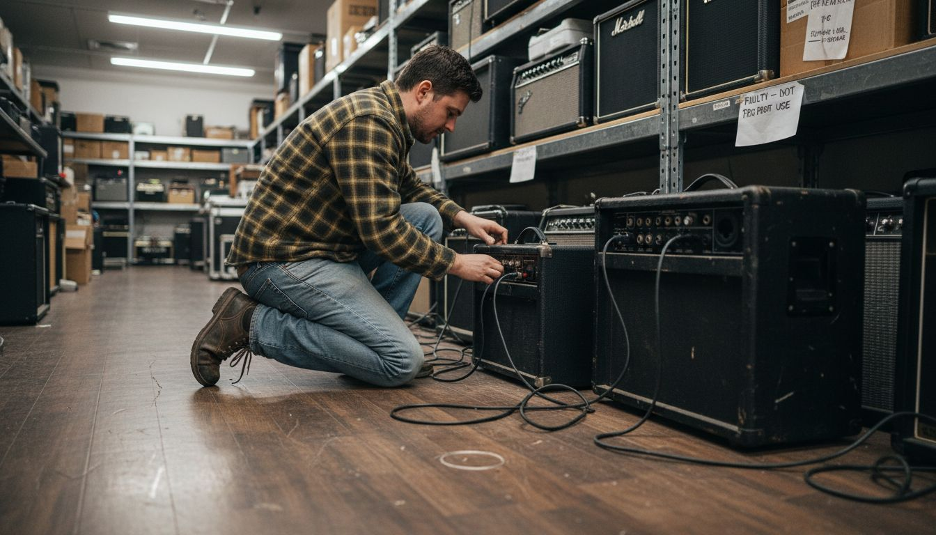 Technician pairing amp head and cabinet