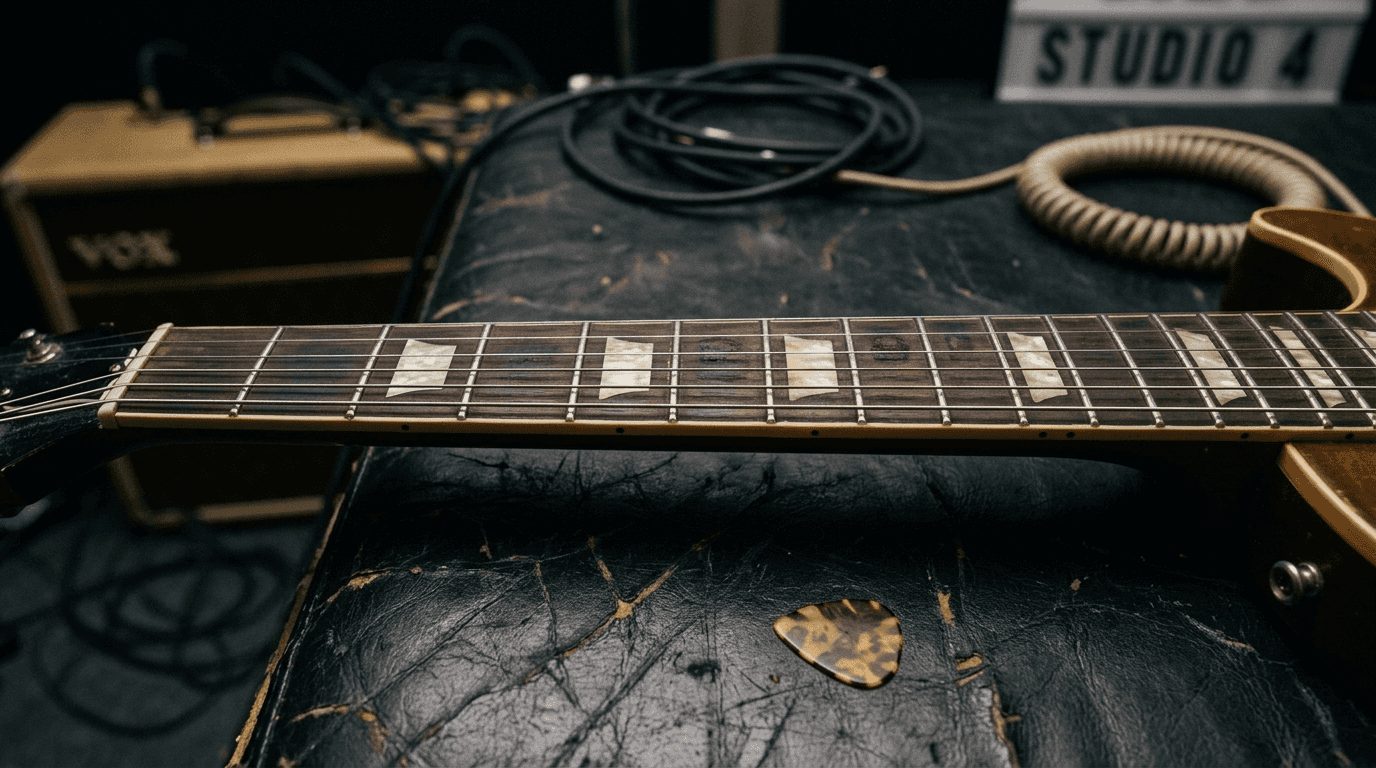 Close-up of flat guitar fretboard radius