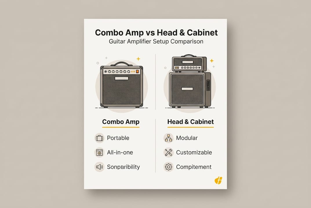 Infographic comparing combo amp and head cabinet features