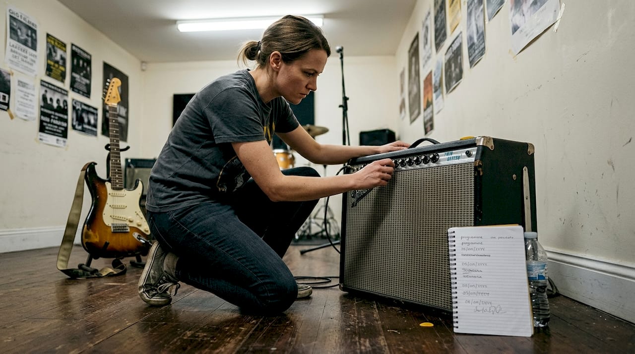 Guitarist adjusting combo amp in rehearsal studio