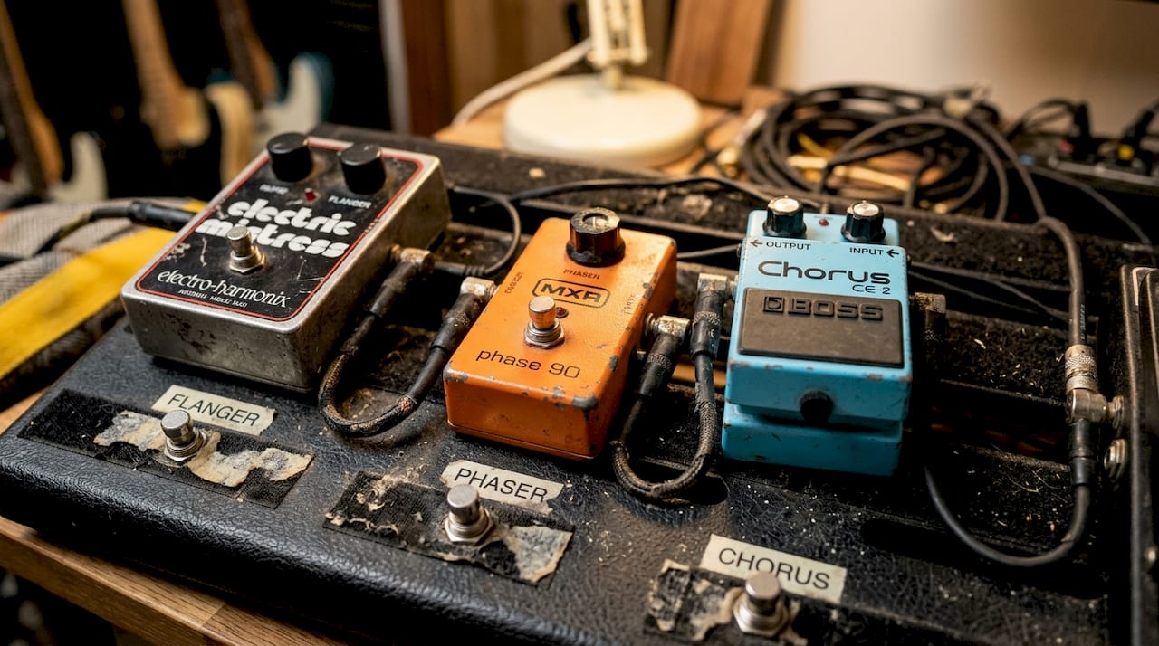 Close-up of chorus, phaser, flanger pedals
