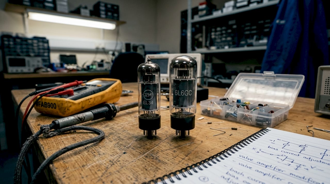 Closeup of vacuum power tubes on workbench