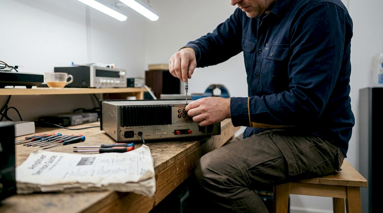 Technician maintaining solid state guitar amplifier