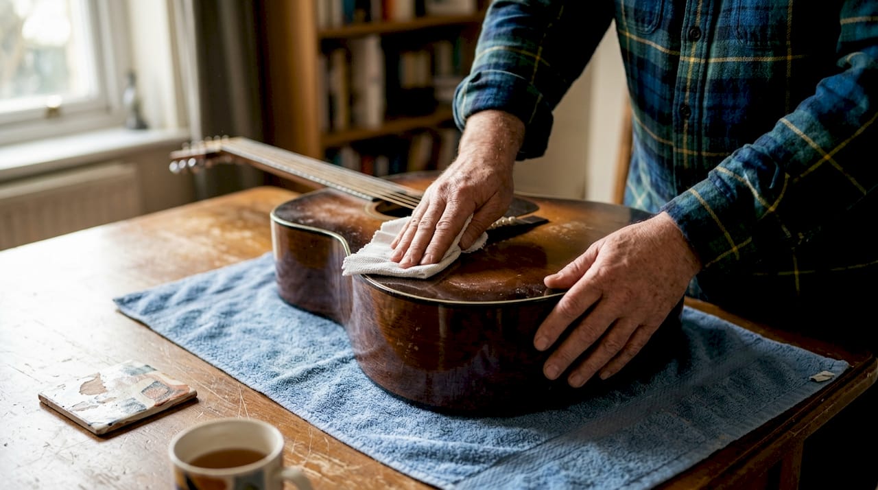 Hands wiping guitar body with cloth