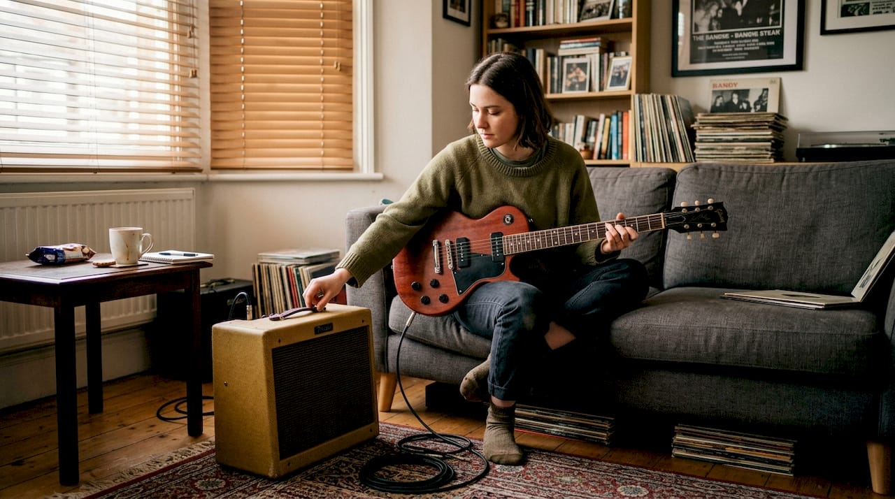 Guitarist playing electric with P90 pickup in living room