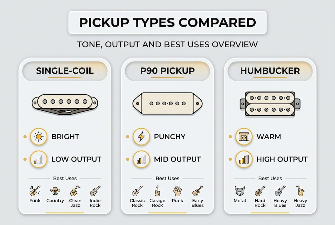 Infographic compares P90, single-coil, humbucker pickups