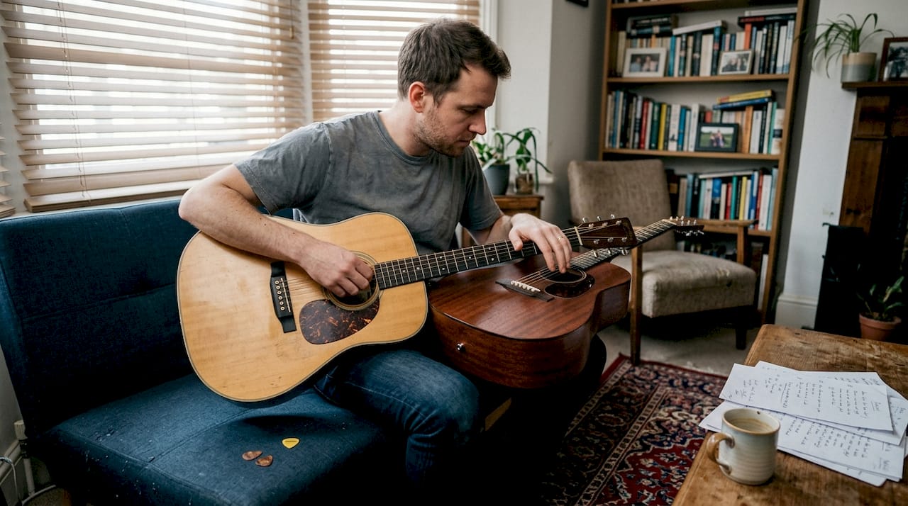 Guitarist comparing spruce and mahogany guitars