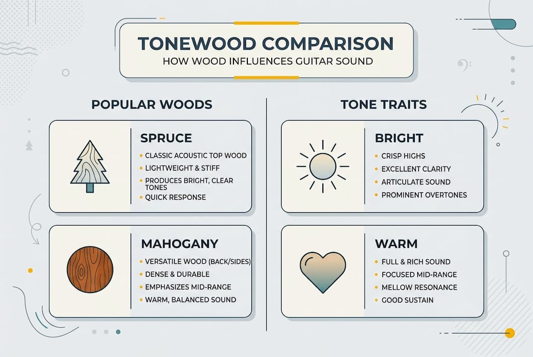Infographic showing tonewood traits and examples