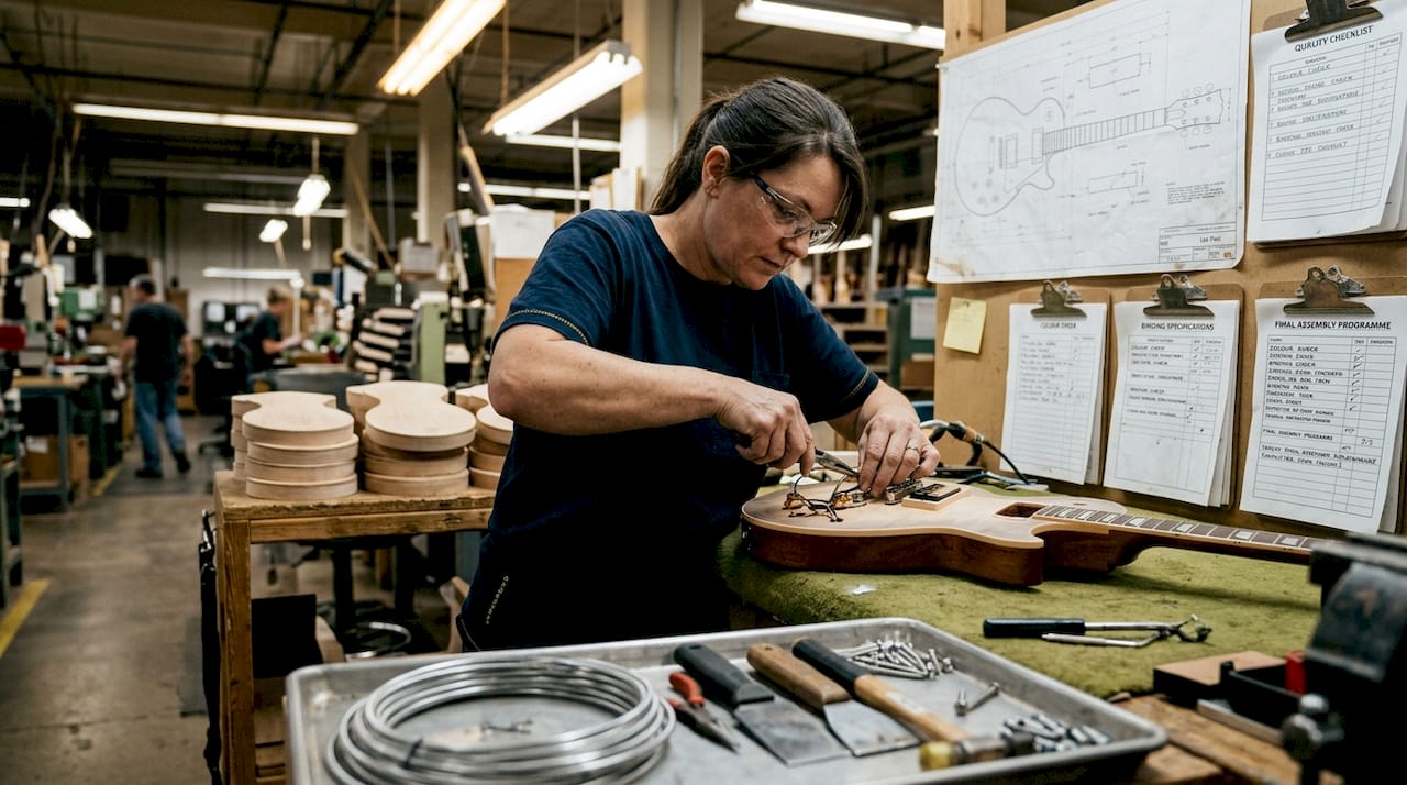 Les Paul construction on Nashville factory bench