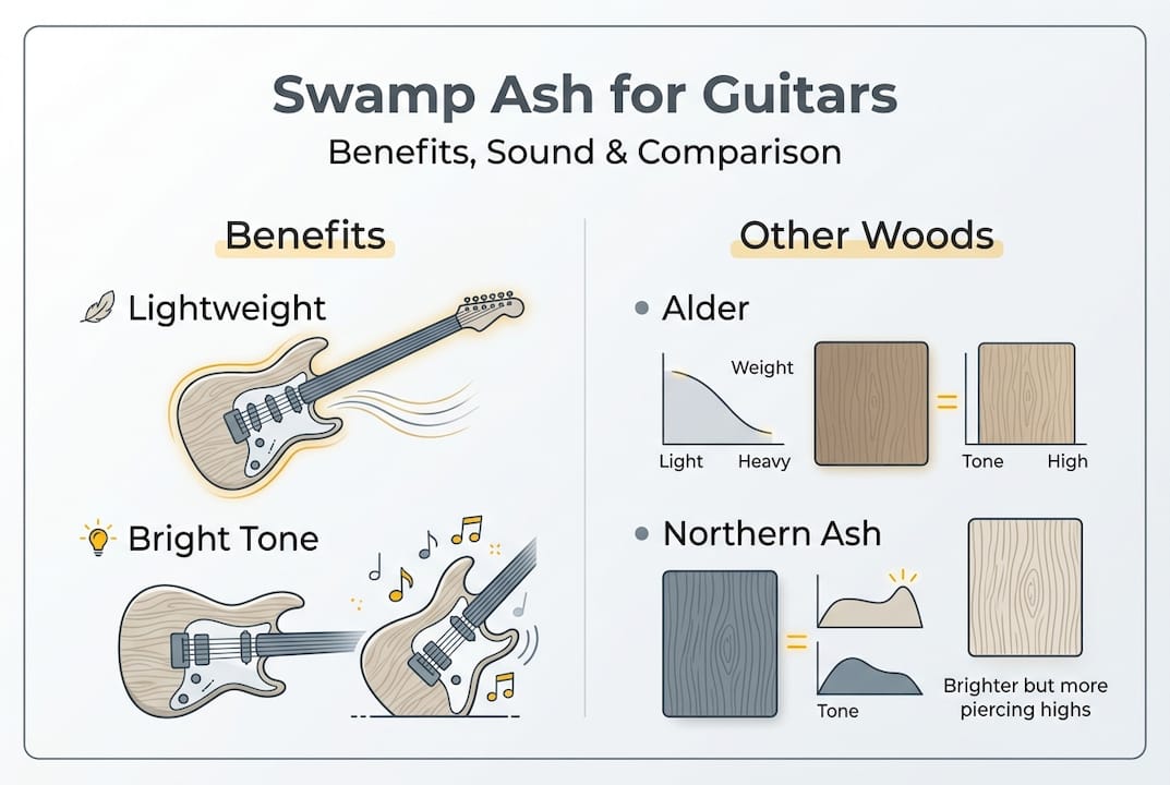 Infographic comparing swamp ash guitar benefits